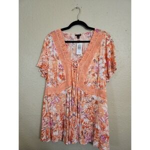 Torrid Floral Crochet Trim Tunic Top Boho Blouse Plus Size 2 2X 18-20‎